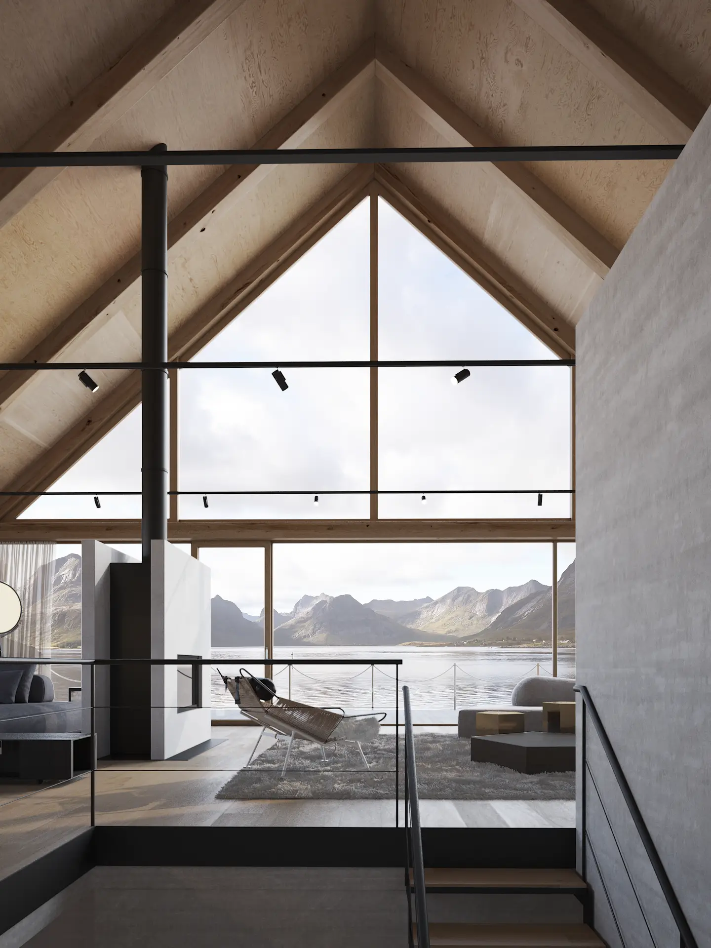 Double-height living room interior design with exposed wooden beams fireplace and floor-to-ceiling windows fjord view JSArchiLab